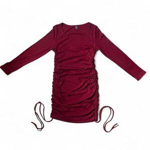 Large Burgundy ruched long sleeve dress with tie detail #longsleevedress